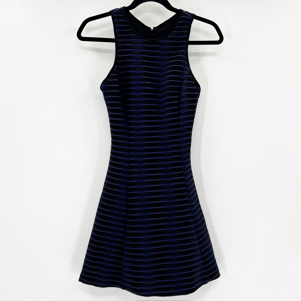 Guess Womens Navy Black Textured Stripe Open Back Fit Flare Mini Dress Size 0